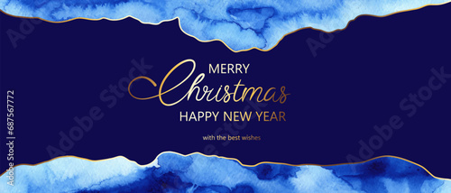 Winter blue watercolor background, frame, gift card. Hand drawn abstract wash, texture. Golden lines. Christmas, New Year mood design. Holiday greeting card, banner composition.