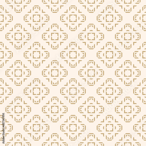 Abstract seamless vector pattern with simple geometric shapes. Luxury golden ethnic ornament. Gold and white geo background texture for festive Christmas design and repeat wallpaper, print, wrapping