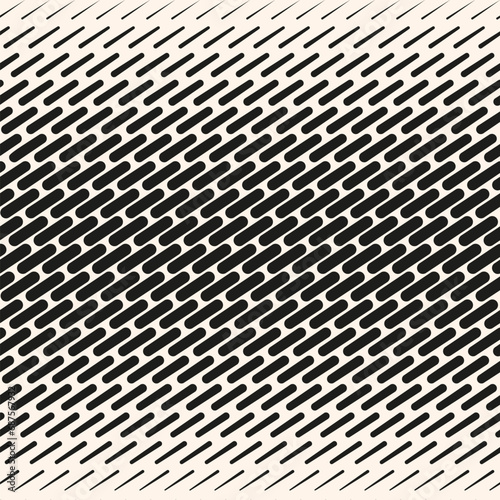 Black and white vector abstract geometric halftone seamless pattern with diagonal dash lines, fade stripes. Extreme sport style background, urban art. Stylish minimal texture. Repeat sporty design