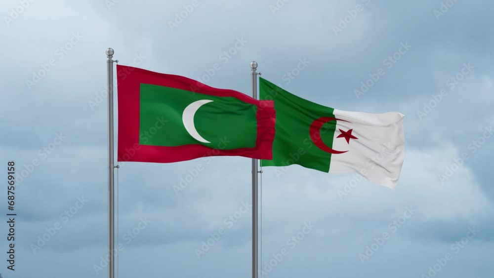 Maldives flag and Algeria flag waving together on cloudy sky, endless seamless loop Maldives flag and Algeria flag waving together on cloudy sky, endless seamless loop