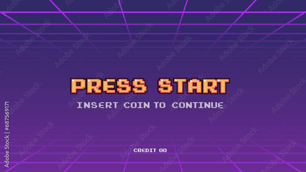  PRESS START INSERT A COIN TO CONTINUE .pixel art .8 bit game.retro game. for game assets .Retro Futurism Sci-Fi Background. glowing neon grid.and stars from vintage arcade computer games