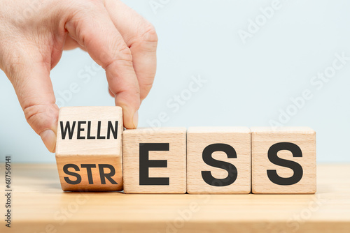Stress or Wellness word concept on wooden cubes. Symbol of stress or well-being. Businessman hand turns the dice. blue background, copy space, business stress or well-being concept