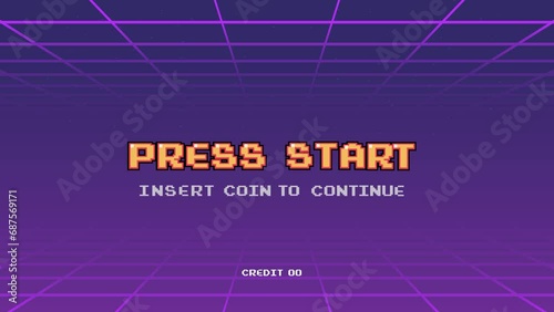  PRESS START INSERT A COIN TO CONTINUE .pixel art .8 bit game.retro game. for game assets .Retro Futurism Sci-Fi Background. glowing neon grid.and stars from vintage arcade computer games