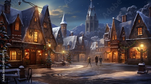 A cozy winter scene with a quaint village square adorned with twinkling holiday lights © rojar deved
