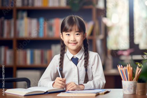 Academic Concept. Smiling junior asian school girl sitting at desk in classroom  writing in notebook  posing and looking at camera.