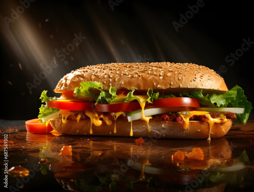 Delicious hamburger with fresh ingredients on a black background, a perfect snack or meal with bread, tomato, lettuce, cheese, ham, bacon, cucumber, and more