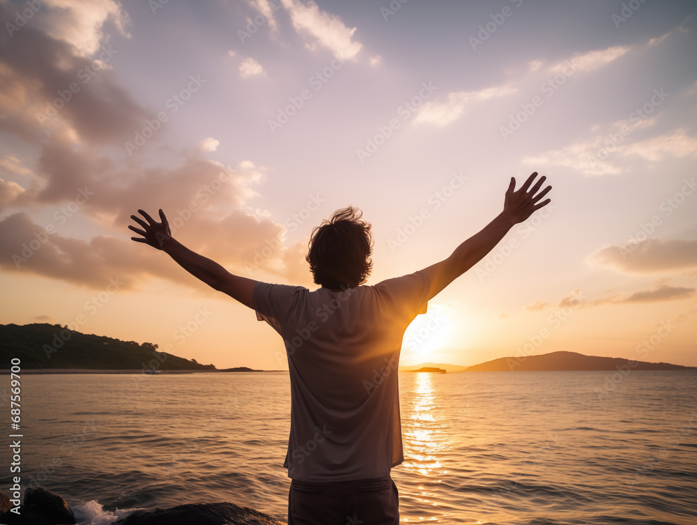 Fototapeta premium Embrace the Golden Hour: A solitary figure stands on a rocky beach, arms outstretched towards a breathtaking sunset, symbolizing freedom, tranquility, and the beauty of nature's embrace. 