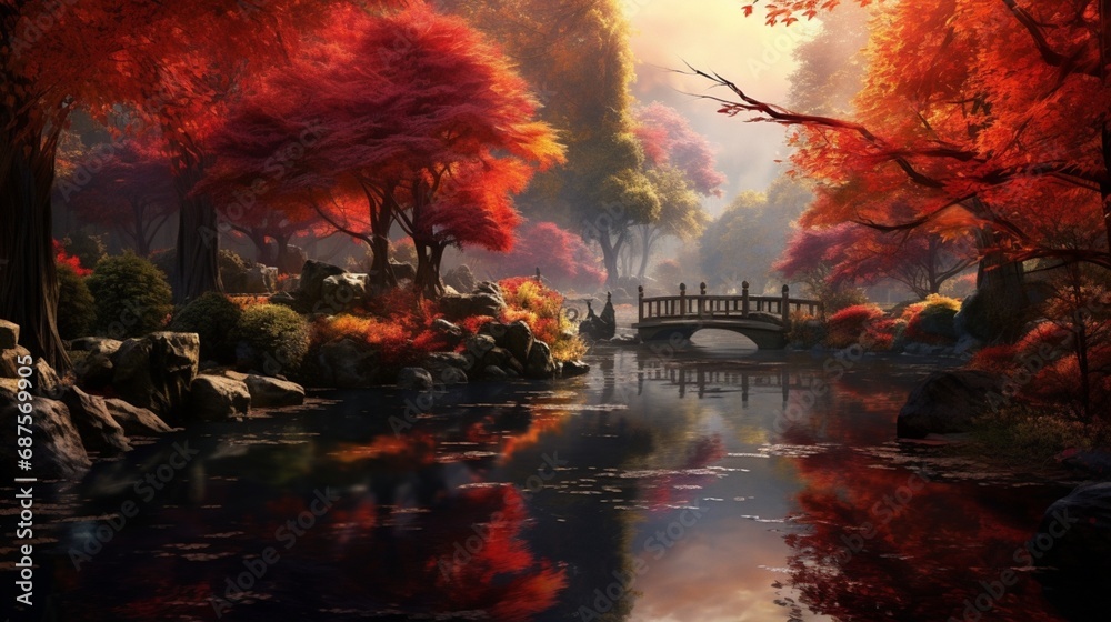 An autumn scene with a tranquil pond surrounded by fiery foliage