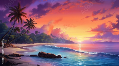 A vivid tropical sunset over a tranquil beach, where the sky is painted with hues of orange, pink, and purple, creating a serene and picturesque scene.