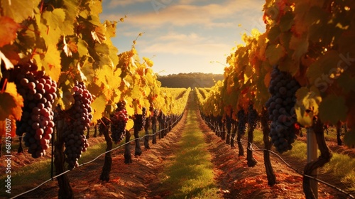 An autumn vineyard with rows of grapevines heavy with clusters of ripe fruit