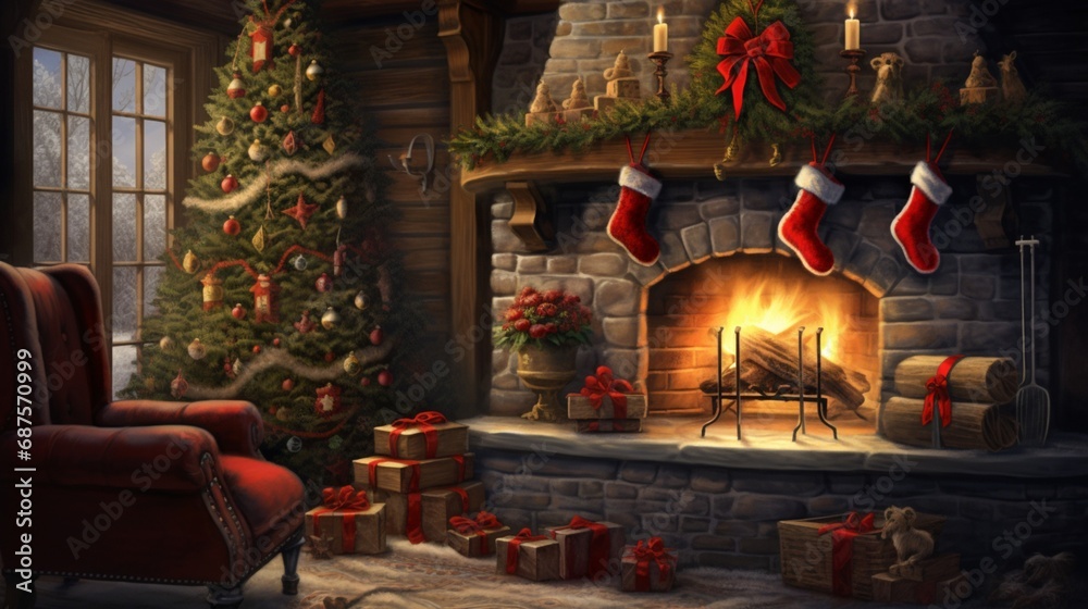 A cozy winter scene with a roaring fireplace and stockings hung by the chimney