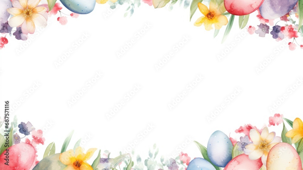 Easter watercolor border frame with yellow flowers and colorful eggs, white free copy space