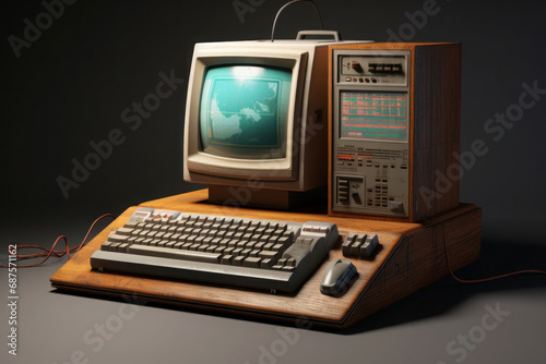 Vintage personal computer on desktop, close up. Retro style background with pc from 80s. Nostalgia concept