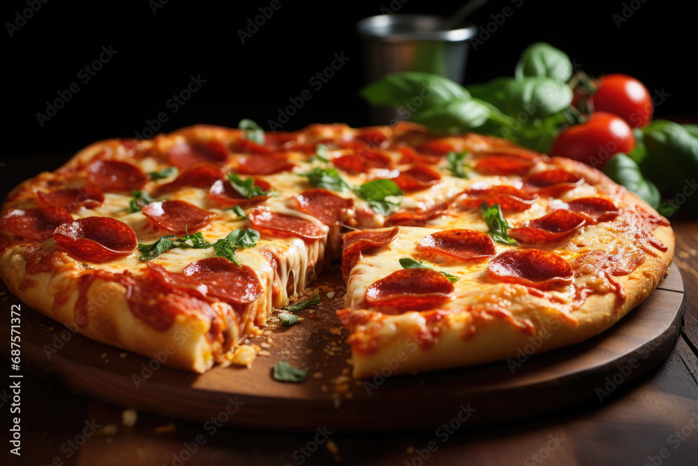 Delicious pepperoni pizza with basil and mozzarella on table, close up. Italian traditional cuisine