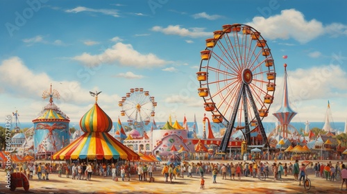 A lively summer carnival with colorful rides and joyful crowds