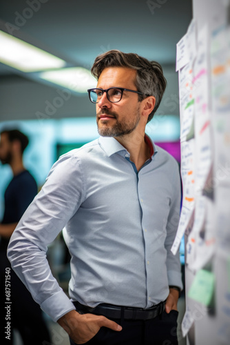 Company employees discuss development strategy in office. Man standing near board with sticky notes, analyzing information and searching new ideas. Success business plan in start up project © Lazy_Bear
