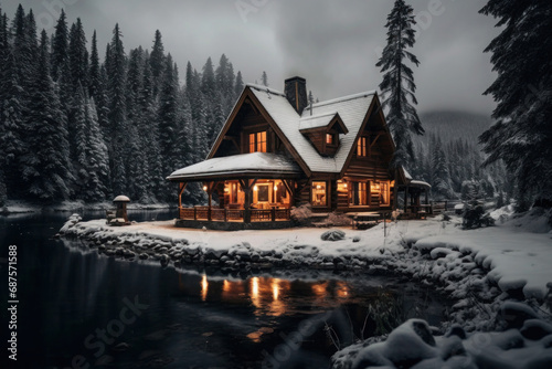 Wooden cottage with light in windows in mountains. Glowing old hut cabin in snowy forest near lake at dark. Living building in nature landscape. Quiet place for relax