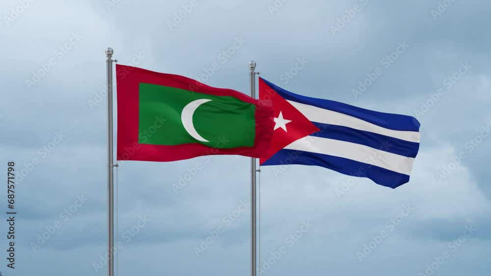 Cuba and Maldives flag waving together on cloudy sky, endless seamless loop, two country cooperation concept Cuba and Maldives flag waving together on cloudy sky, endless seamless loop, two country cooperation concept