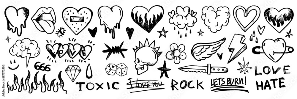 Doodle grunge rock set, hand drawn vector graffiti groovy punk print kit, emo gothic heart sign. Marker scribble sticker, crayon wax paint collage icon, gun, fire, knife, lips. Street grunge doodle Doodle grunge rock set, hand drawn vector graffiti groovy punk print kit, emo gothic heart sign. Marker scribble sticker, crayon wax paint collage icon, gun, fire, knife, lips. Street grunge doodle