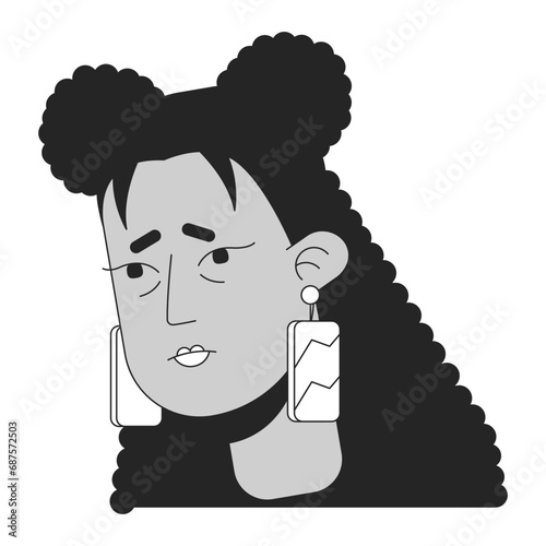 Flu latina woman tired black and white 2D vector avatar illustration. Hispanic young adult suffering from fatigue outline cartoon character face isolated. Sad girl earrings flat user profile image