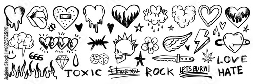 Doodle grunge rock set, hand drawn vector graffiti groovy punk print kit, emo gothic heart sign. Marker scribble sticker, crayon wax paint collage icon, gun, fire, knife, lips. Street grunge doodle photo
