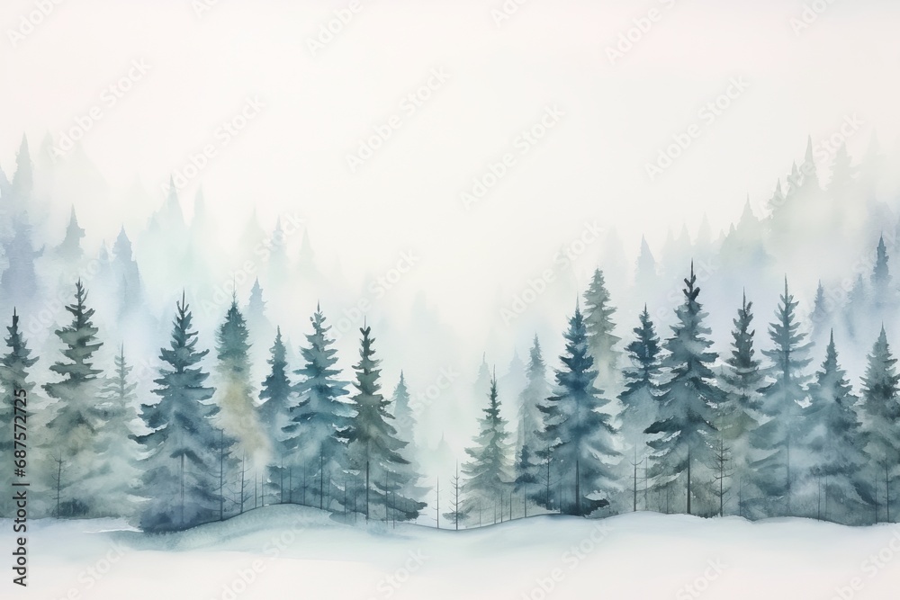 Generative AI image of watercolor snowy landscape with pine trees