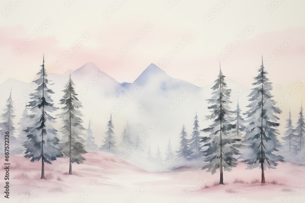 Generative AI image of watercolor snowy landscape with pine trees