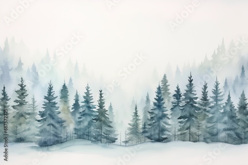 Generative AI image of watercolor snowy landscape with pine trees © Eitan Baron