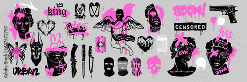 Street spray graffiti element set, grunge sticker kit balaclava, vector retro urban ghetto print. Gangster tattoo kit, underground can Greek sculpture head, heart, angel, blade, gun. Street graffiti photo