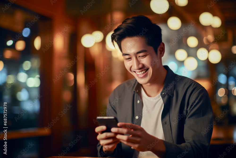 Fototapeta premium Handsome young Asian guy using cellphone, surfing web or social media.