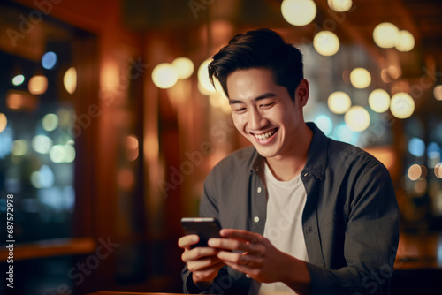 Handsome young Asian guy using cellphone, surfing web or social media.