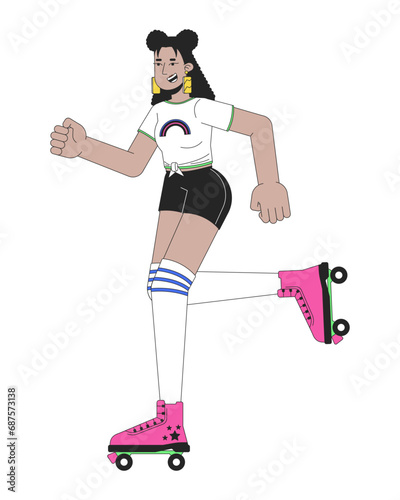 Roller disco girl line cartoon flat illustration. 1980s rollerblading latina woman with knee high socks 2D lineart character isolated on white background. Nostalgia fashion scene vector color image