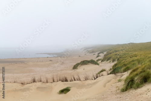 Panoramic view over beach and dunes with green dune grass or marram grass along the coast of the island of Texel, the Netherlands with fog or mist in distance covering beach and dune
