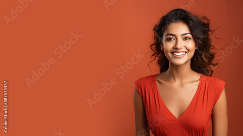 Indian woman model wear red sundress isolated on pastel background © Ema