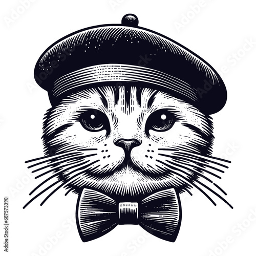 cat wearing a bow tie and beret sketch