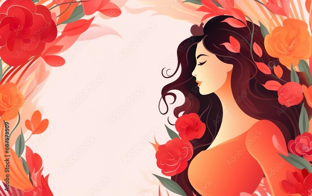 International womens day banner. Botanical graphic poster with a beautiful brunette woman profile, long hair. Feminine energy concept illustration. Red silhouette, copy space. AI Generative