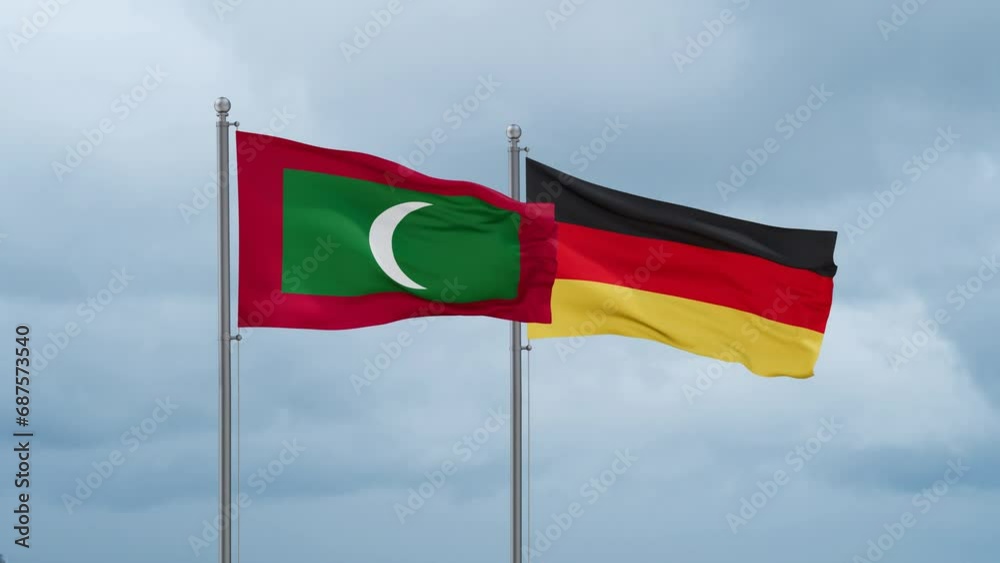 Germany flag and Maldives flag waving together on cloudy sky, endless seamless loop, two country relations concept Germany flag and Maldives flag waving together on cloudy sky, endless seamless loop, two country relations concept