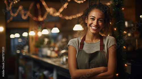 Cheerful, smiling, young, brown-haired girl working as a waitress and wearing a grey apron in a festive café with Christmas lights during the Christmas season