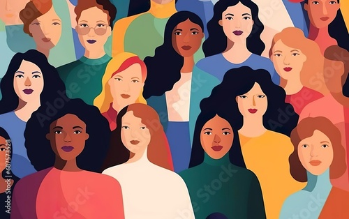 International women day graphic poster, crowd of different women, diversity illustration. Different race faces, front view, collective picture, community concept, rainbow colors. AI Generative