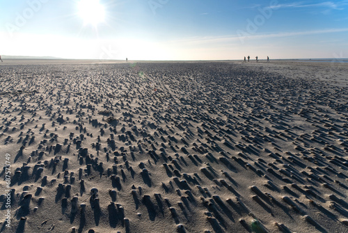 Low angle panoramic view over beach on Island of Texel  the Netherlands with thousands of shells scattered in pattern across the sand creating a shadow in bright sun with people walking in distance