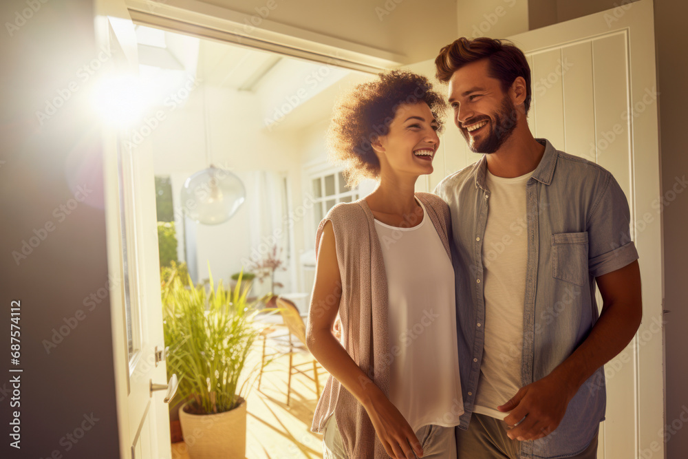 Fototapeta premium Portrait of cheerful couple inviting guests to enter home, happy young guy and lady standing in doorway of modern flat.