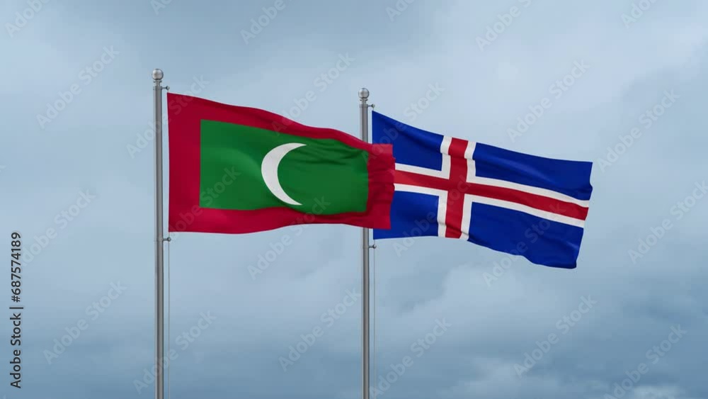 Iceland and Maldives flag waving together on cloudy sky, endless seamless loop, two country cooperation concept Iceland and Maldives flag waving together on cloudy sky, endless seamless loop, two country cooperation concept