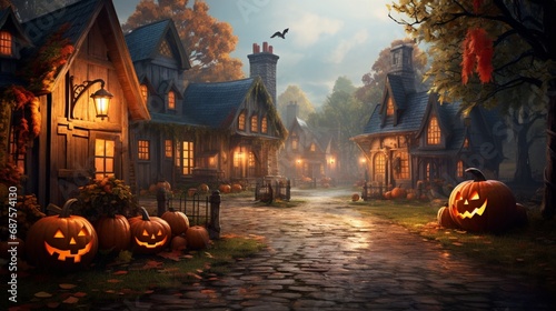 A charming autumn village with quaint cottages and pumpkins lining the streets photo