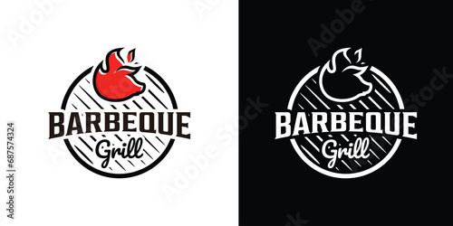 Fire Flame Pork Vintage Retro Rustic BBQ Grill, Barbecue, Barbeque Label Stamp Logo Design vector Illustration