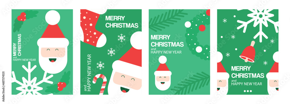 Collection of Merry Christmas and Happy New Year backgrounds. Greeting cards, posters, holiday covers. Vector illustration in minimalistic geometric style.
