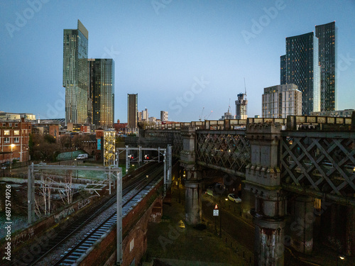 Railway Bridge and Downtown Manchester Skyline 