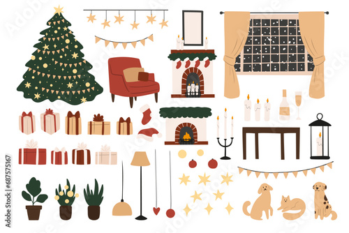 Set of Merry Christmas festive interior illustrations vector clipart, decorated Christmas tree, present, fireplace, xmas home decore, Flat style images.