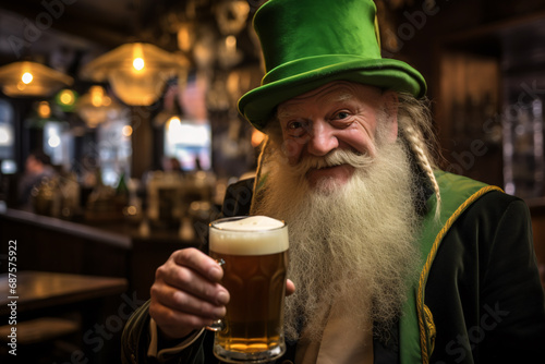 A man in a green traditional costume is drinking beer and celebrating St. Patrick's Day. Traditional Irish celebration day.
