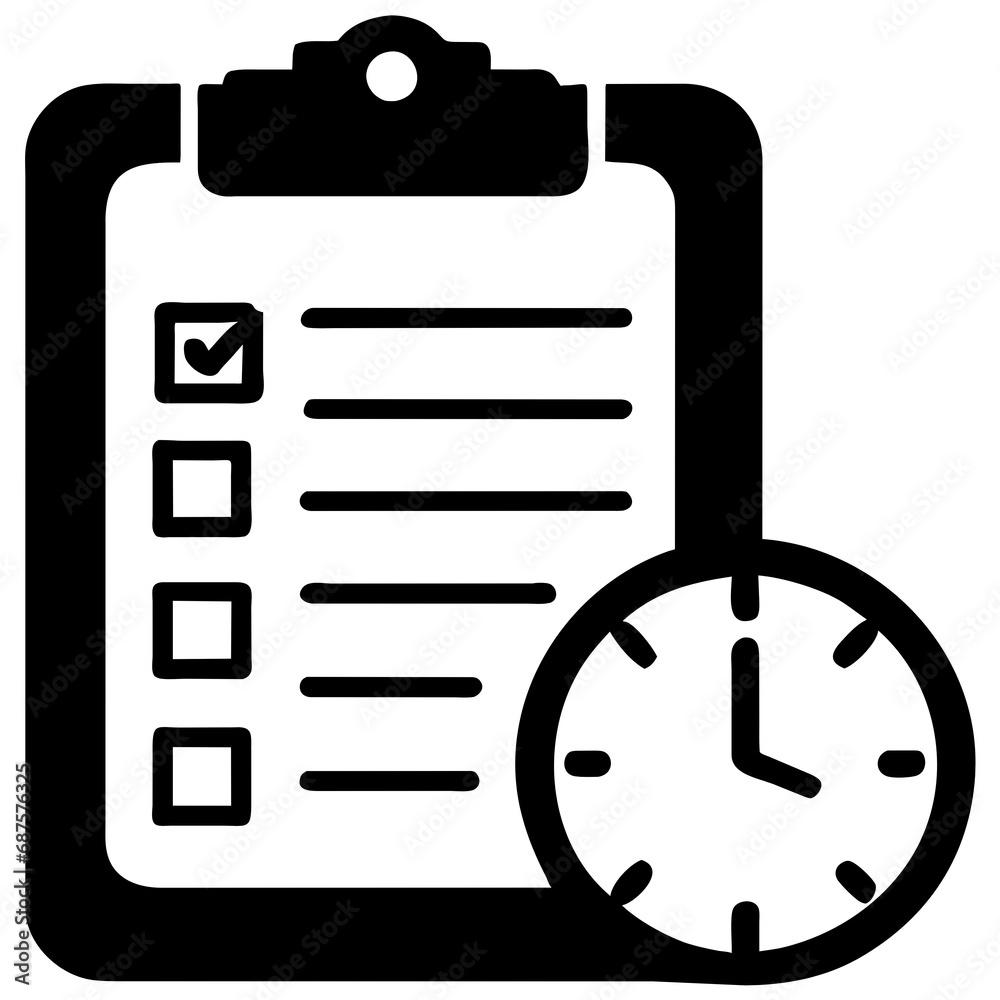 Clipboard checklist with clock and calendar. deadline checklist, Notification, Deadline day warning, quick questionnaire, planning, reminder list. work deadline concept. 3d render illustration