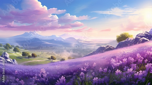 A springtime scene with a field of lavender swaying in the breeze